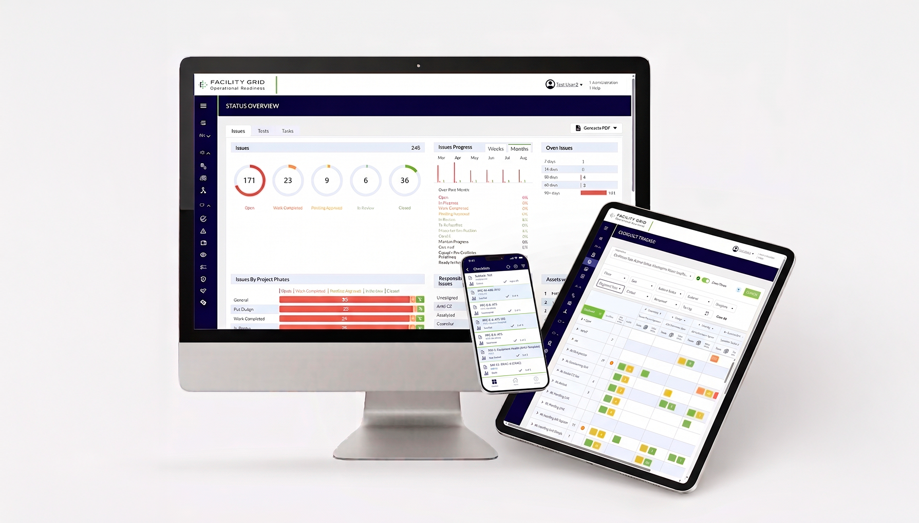 Pesquisa de UX e desenvolvimento da plataforma web e mobile Facility Grid: painel de status e closeout tracker de HVAC em múltiplos dispositivos
