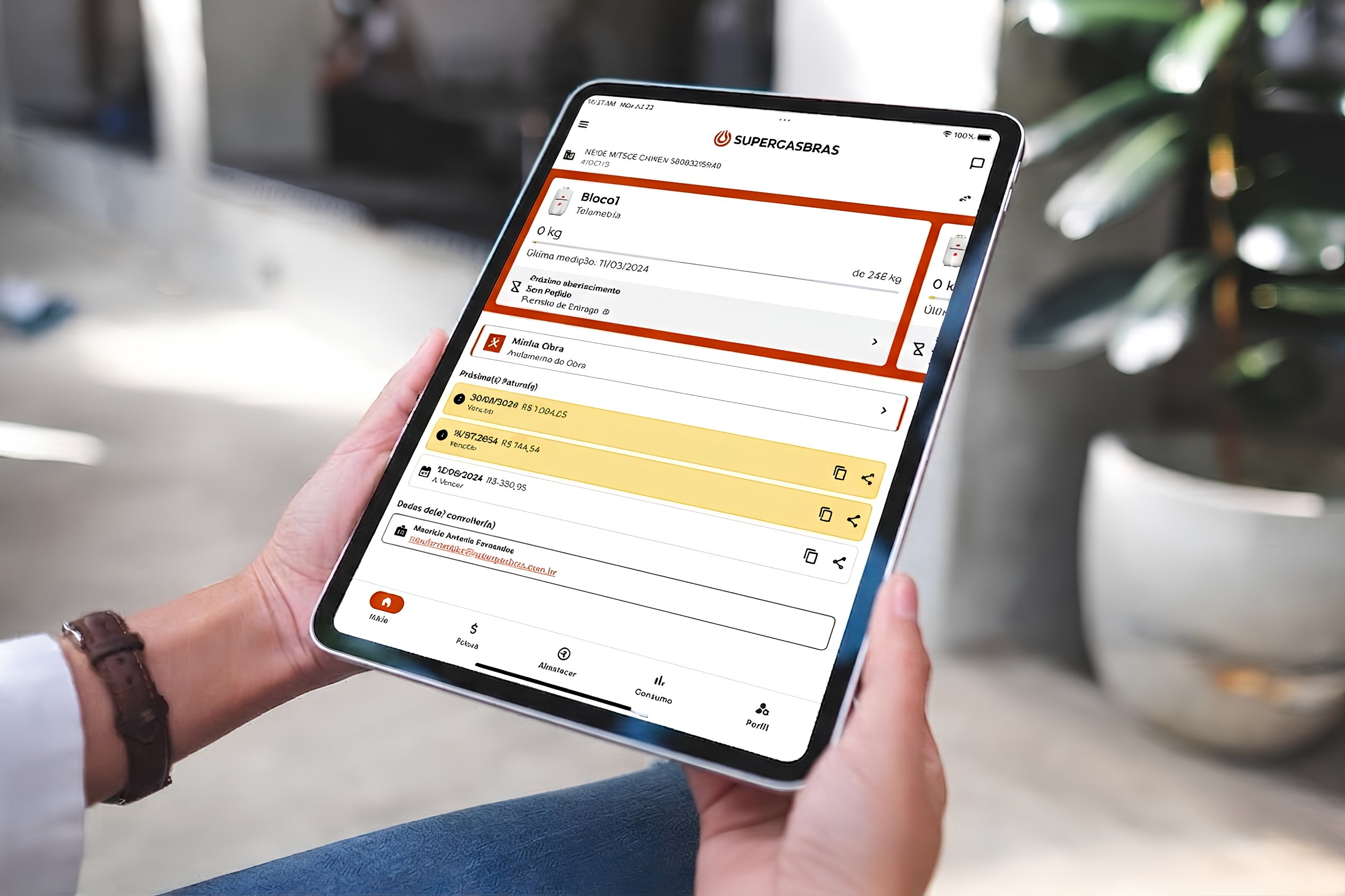 UX para app Supergestão em tablet, com monitoramento de bloco, faturas e andamento de obra